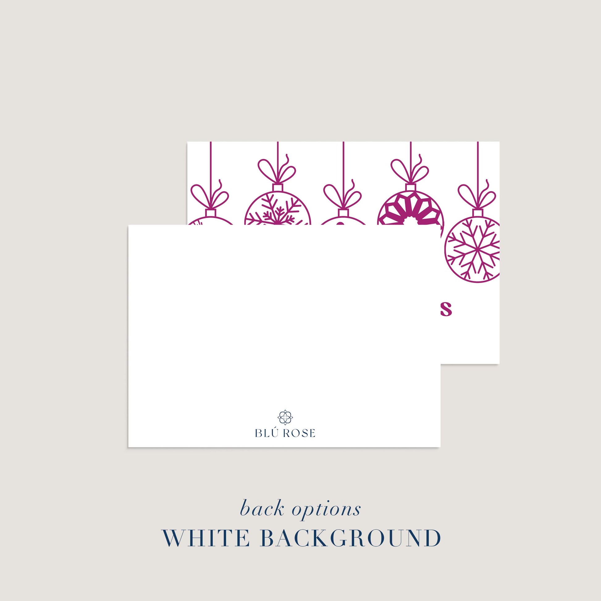 Alternate back design for personalized holiday card with white background and magenta ornaments.