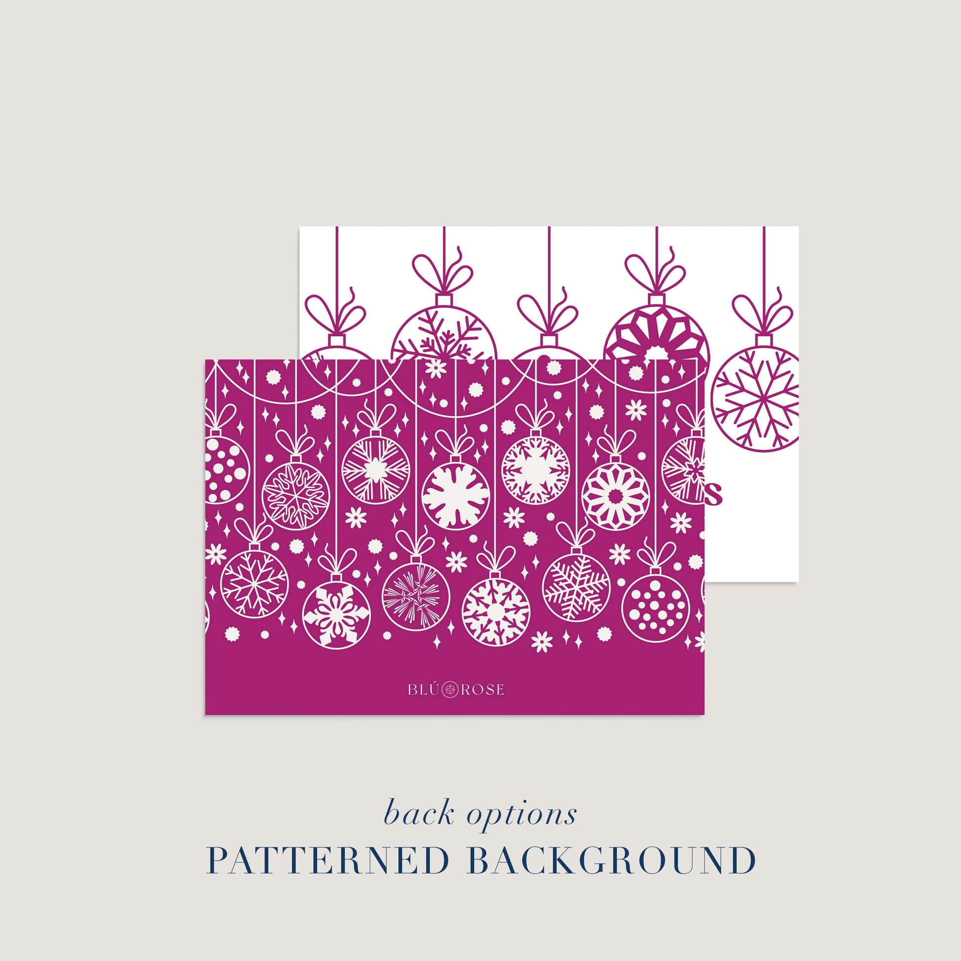 Back design option for personalized holiday card featuring hanging ornaments pattern.