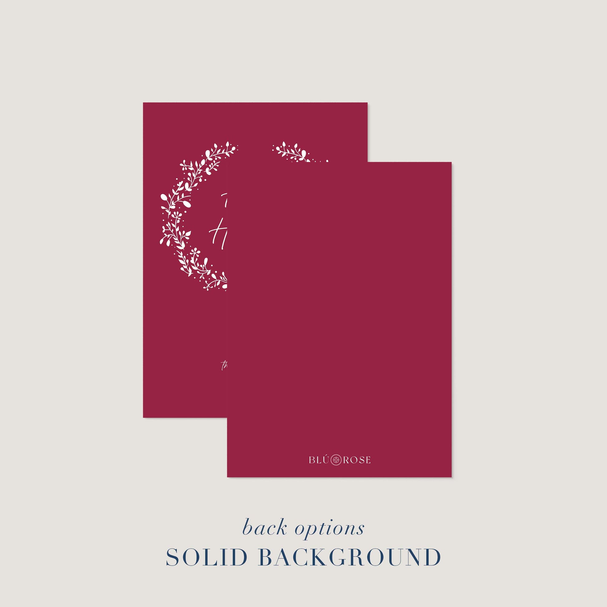 Back design option for personalized holiday card shown with solid berry background.