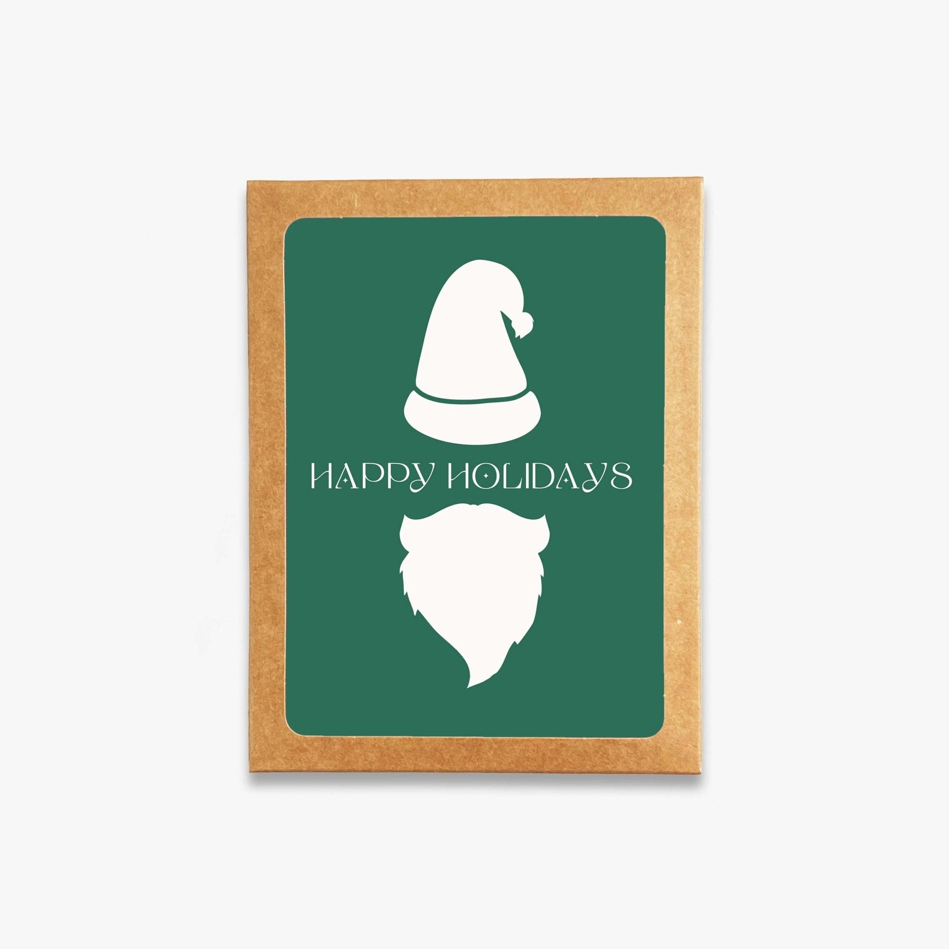 Boxed set of minimalist Santa holiday greeting cards with kraft envelopes, packaged in eco-friendly kraft box.