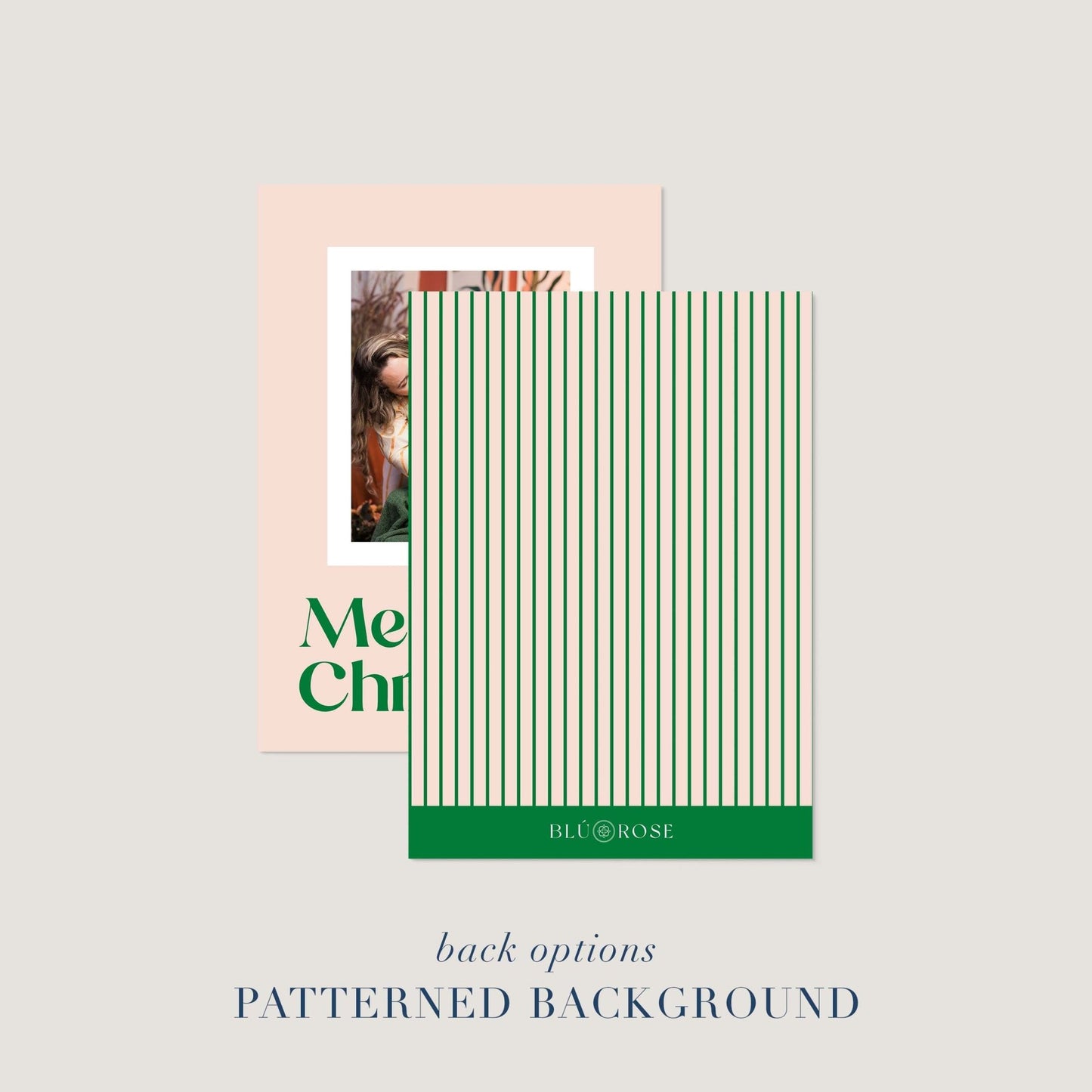 Blush Frame Holiday photo card shown with optional green stripe patterned back design.