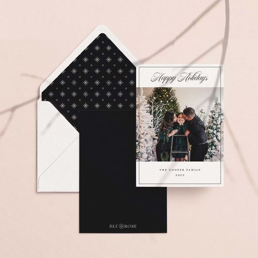 Modern photo holiday card with matching envelope and liner, styled on neutral background.