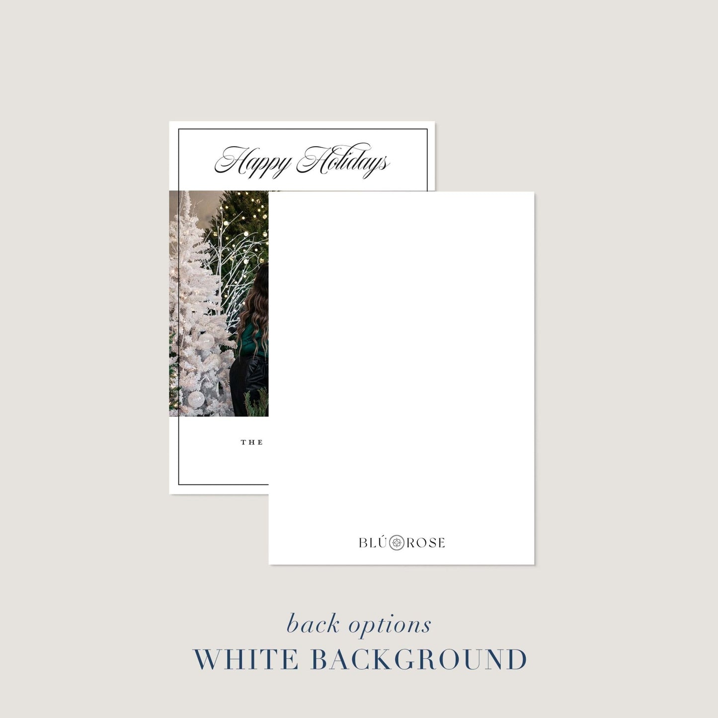 Holiday card displayed with clean white card back option for a bright, minimal aesthetic.