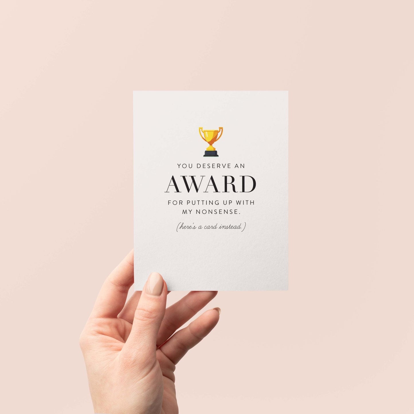 Minimal funny award card with trophy illustration and modern typography