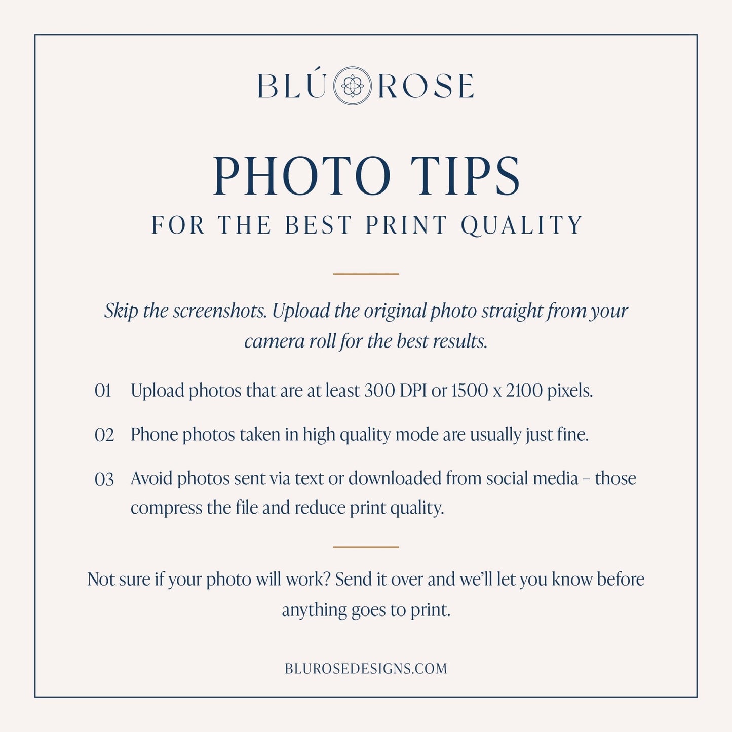 text that provides photo tips for achieving the best print quality. It advises to upload the original photo straight from the camera roll, avoid sending photos via text or downloaded from social media, and to ensure the photo will work before sending it. The image is a collage of multiple images, and the text is not a description of each individual image but rather a general advice for improving print quality.