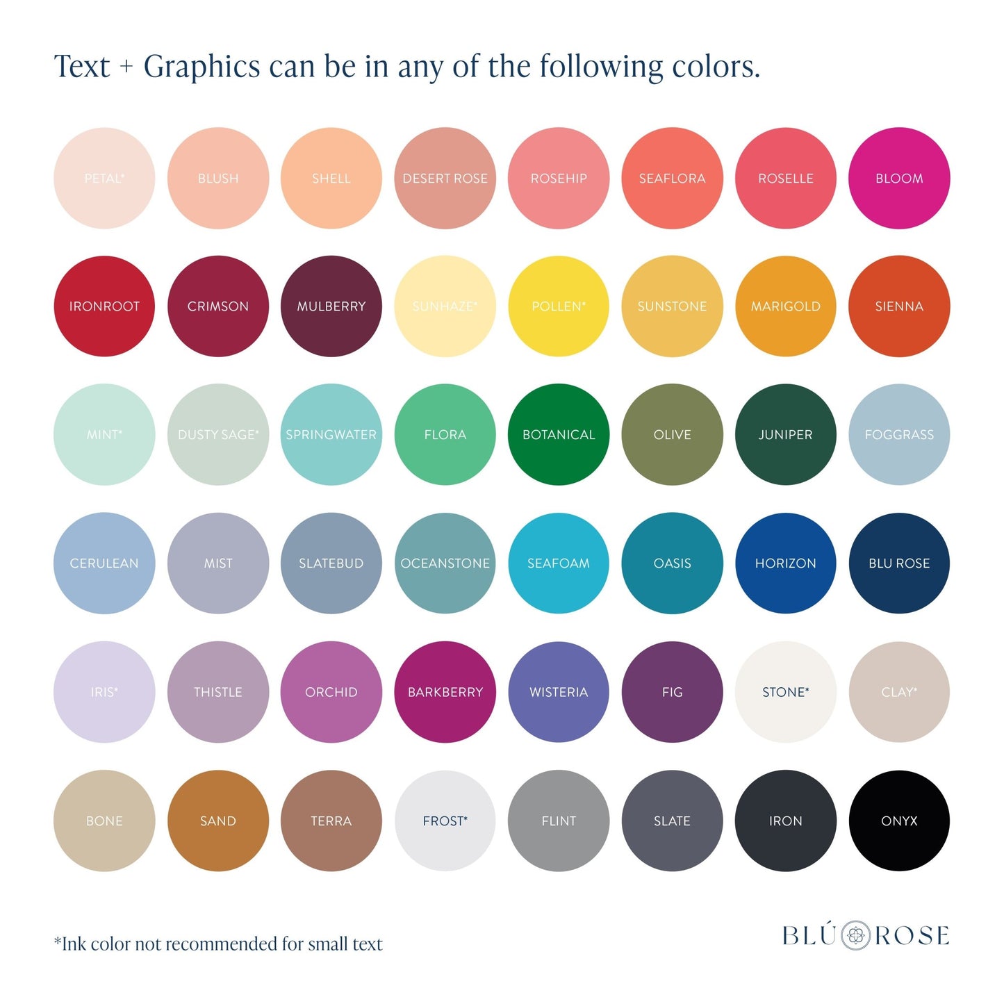 Blú Rose font and color chart showing available ink and graphic color options.