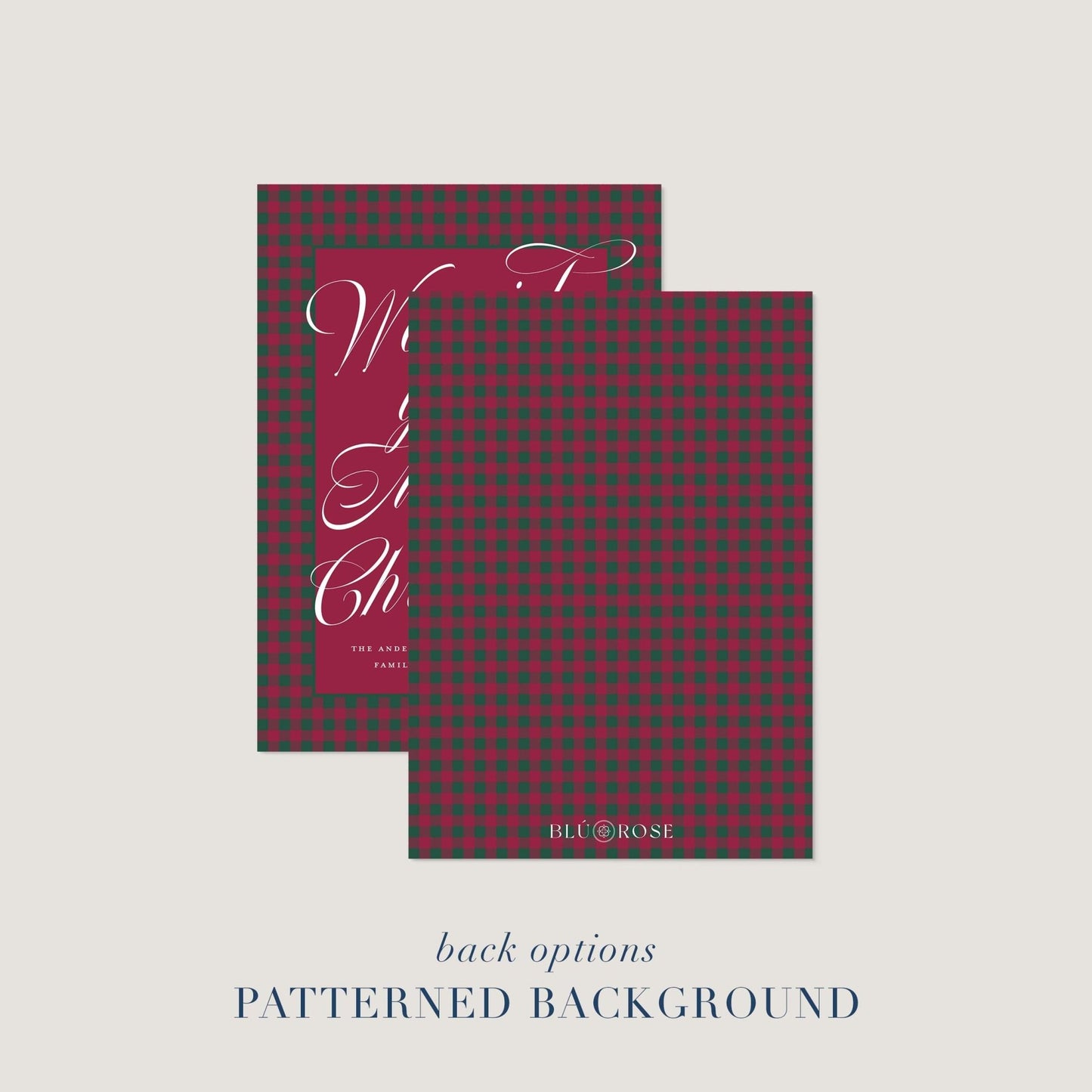 Holiday card shown with coordinating red and green plaid patterned back option.