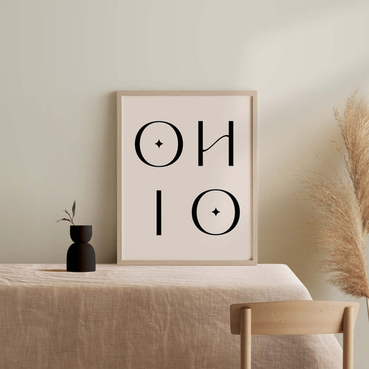 Modern Ohio wall art print styled on neutral console table with minimalist decor