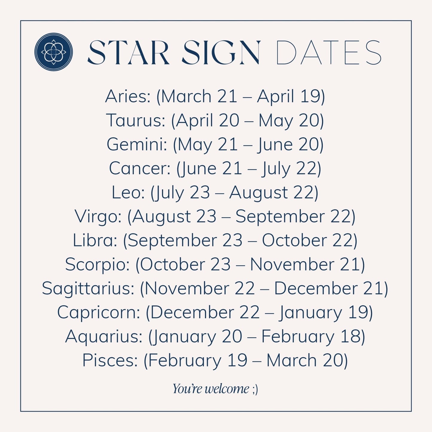 Zodiac star sign dates chart including Aquarius January 20 to February 18