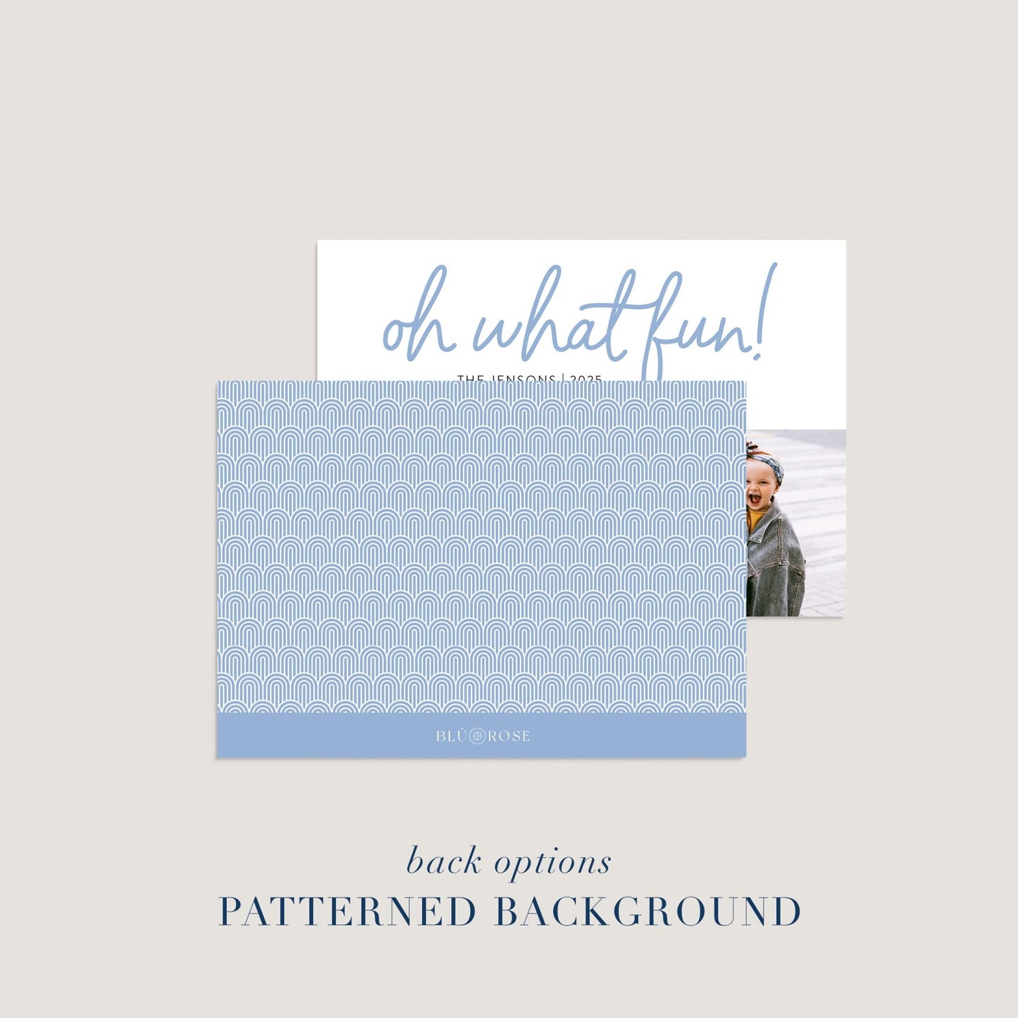 Back design option for Oh What Fun holiday photo card with light blue patterned background.