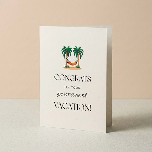 Greeting card with palm trees and hammock design on a beige background