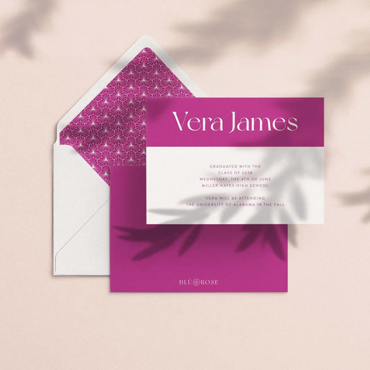 Vera graduation announcement card with bold magenta color-block header shown with matching patterned envelope liner and magenta backer card