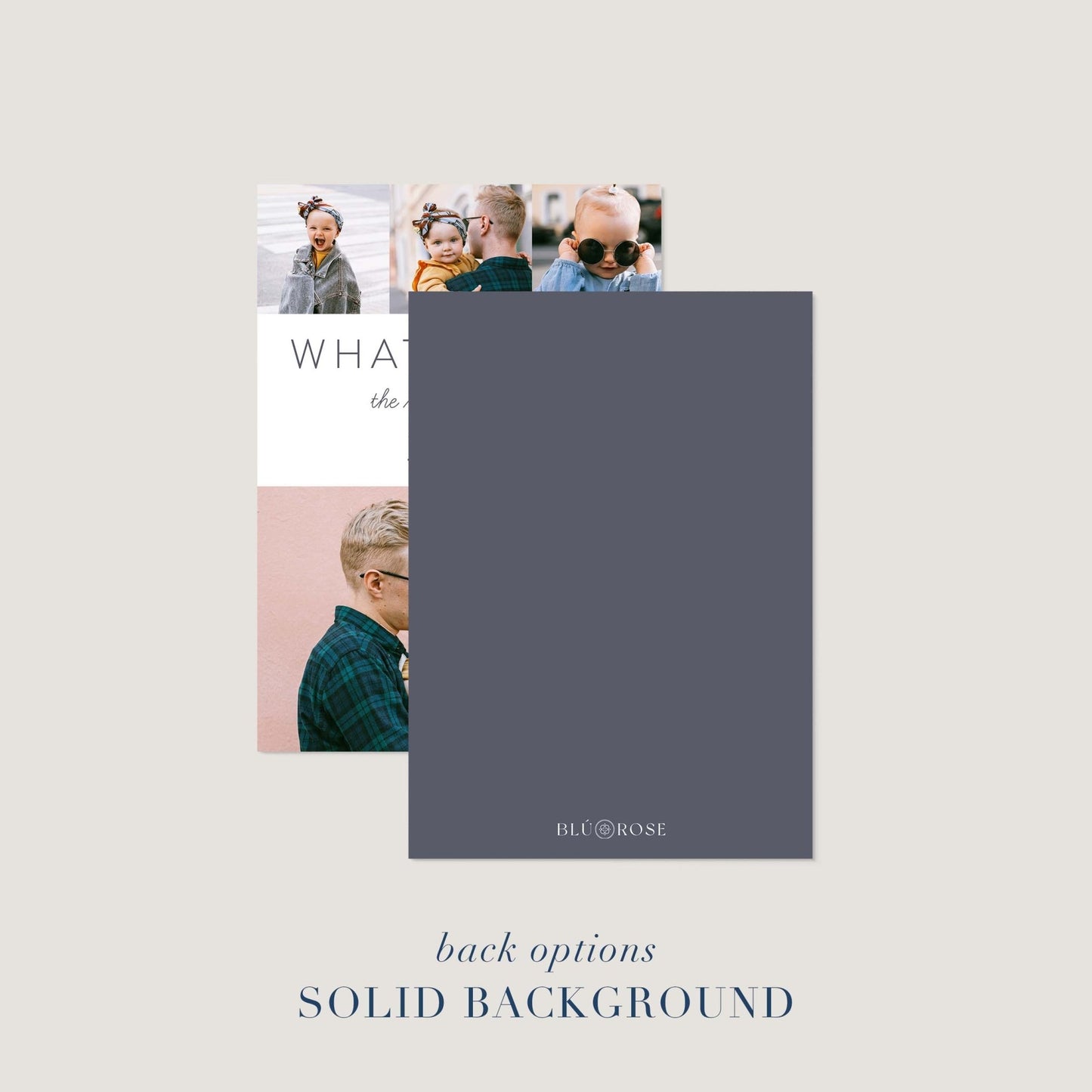 What a Year holiday card shown with solid back color option in deep gray.