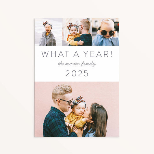 What a Year holiday card featuring family photos in a modern, photo collage layout with customizable family name and year.