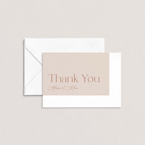 Chic & Sweet personalized thank you cards by Blú Rose, taupe card with 'Thank You, Alissa & Max', shown with a white envelope