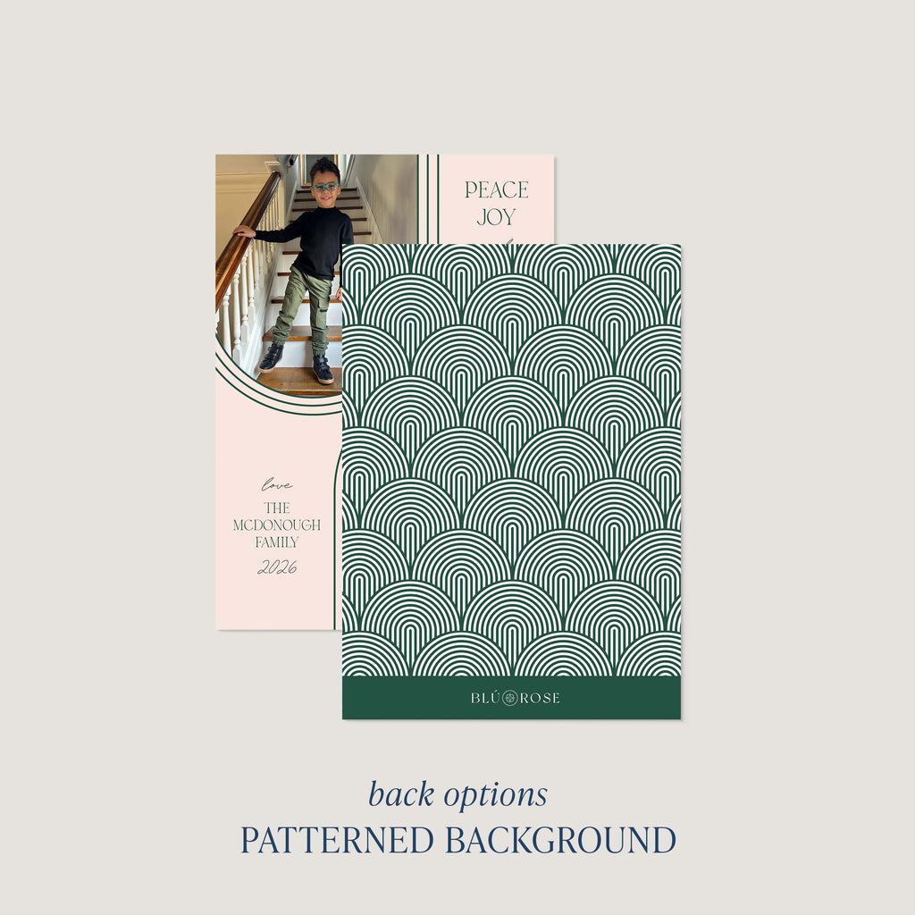 Back of Arc & Aura photo holiday card by Blú Rose showing patterned green arch background option