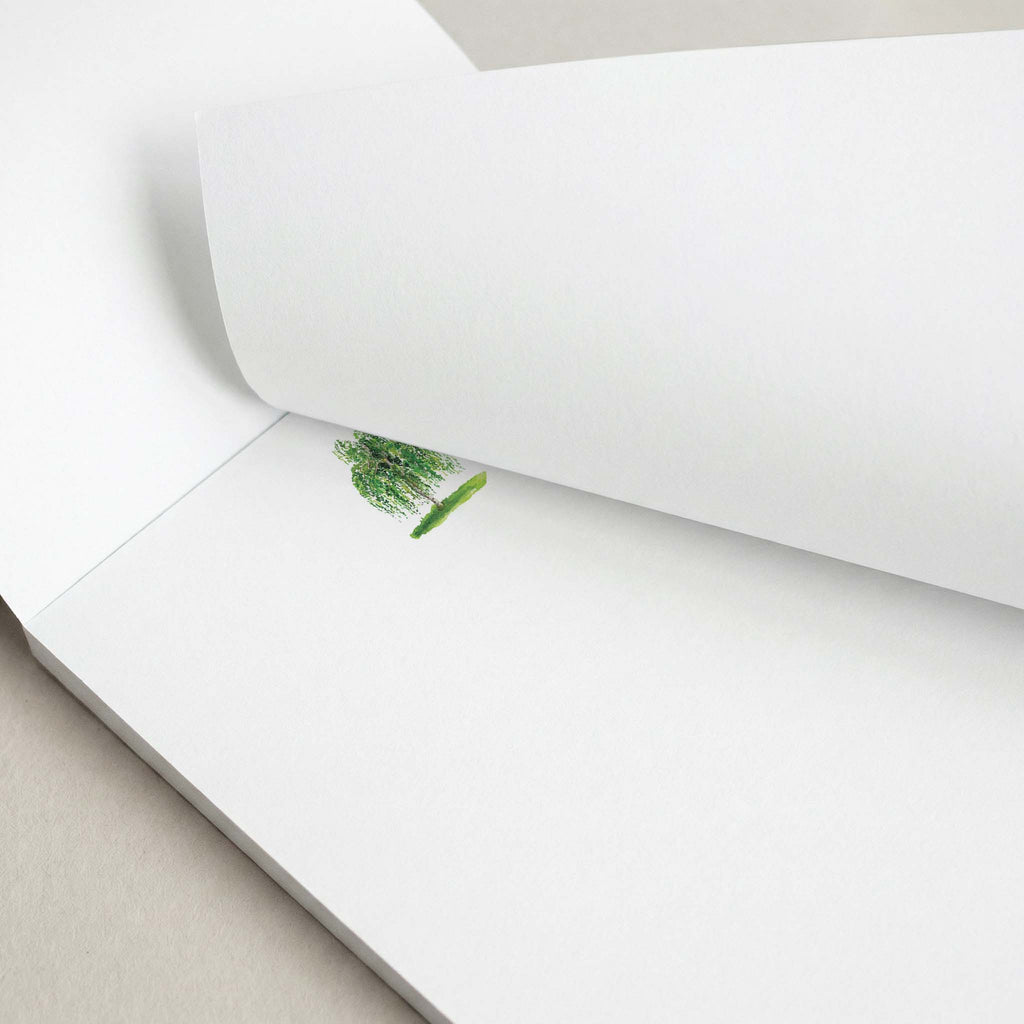 Birch personalized notepad by Blú Rose, close-up of the watercolor birch tree with the top sheet lifted