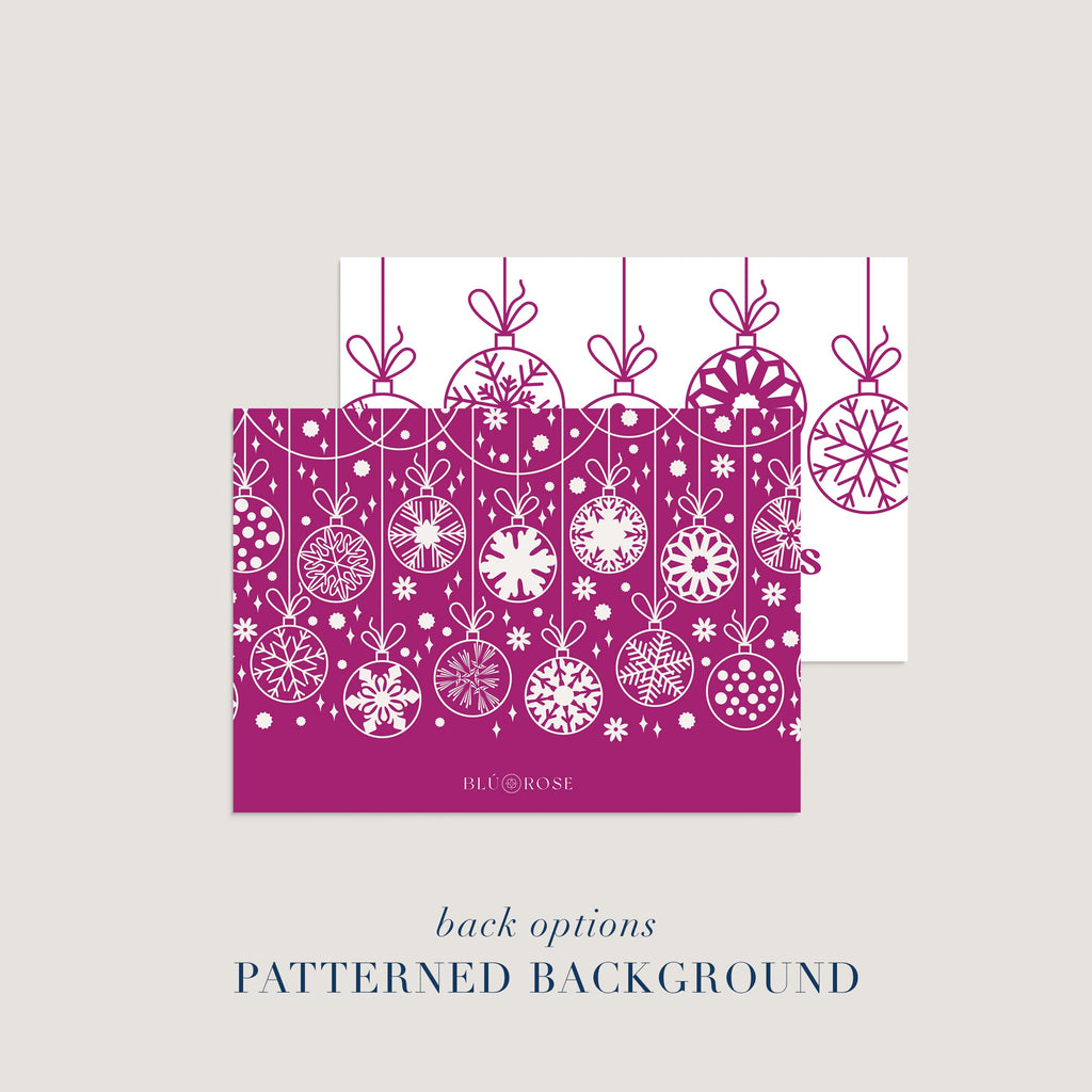 Back design option for personalized holiday card featuring hanging ornaments pattern.