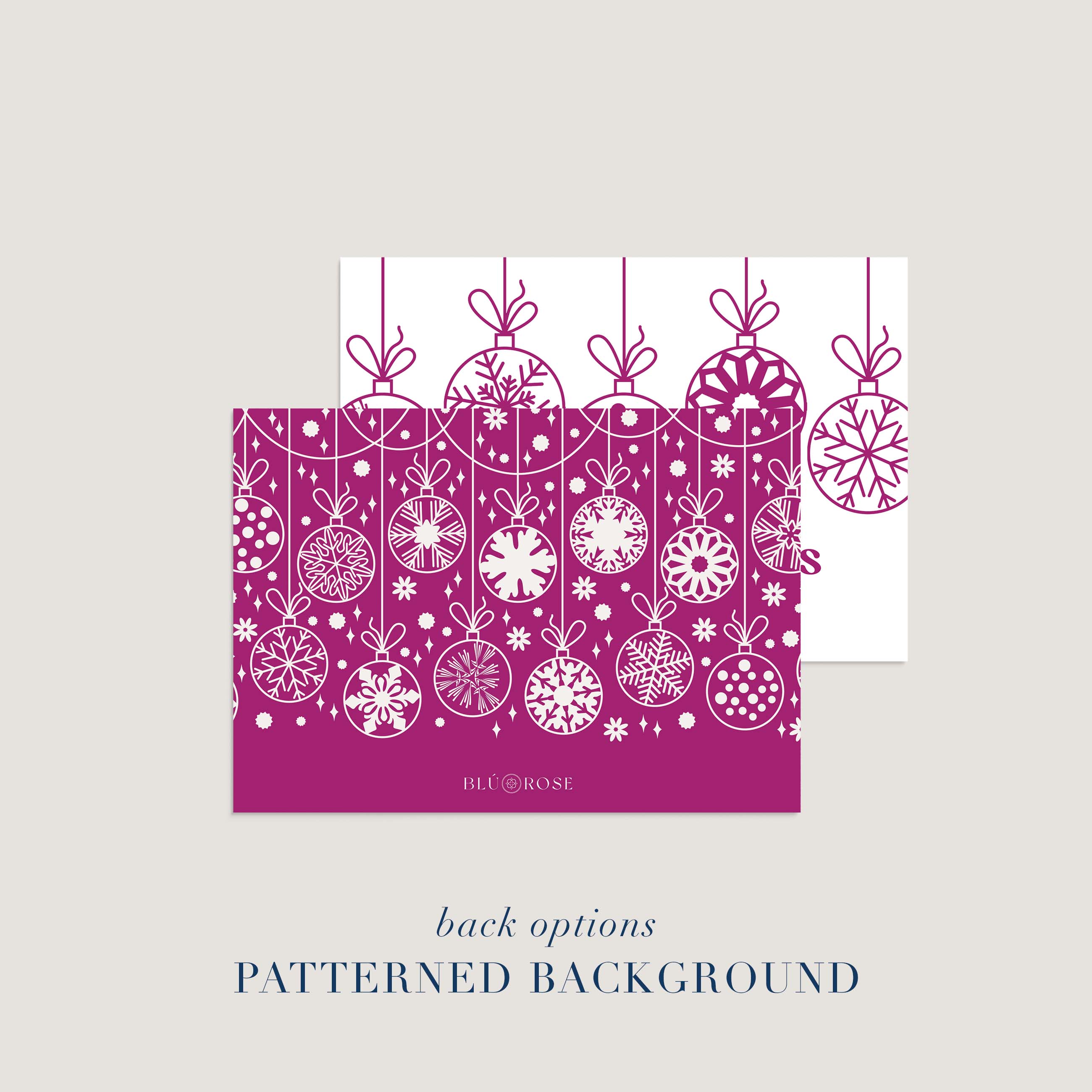Back design option for personalized holiday card featuring hanging ornaments pattern.