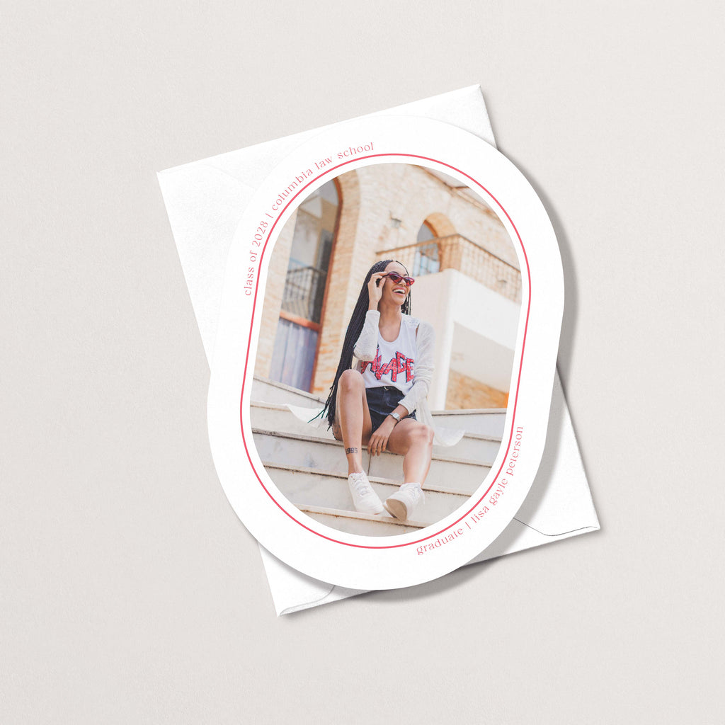 Minimal Geo graduation announcement card with oval photo cutout showing grad sitting on steps, with personalized name and school details