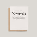 My Favorite Scorpio greeting card by Blú Rose, ivory card reading 'To my favorite Scorpio, may your secrets be juicier than your revenge plots' on a kraft envelope