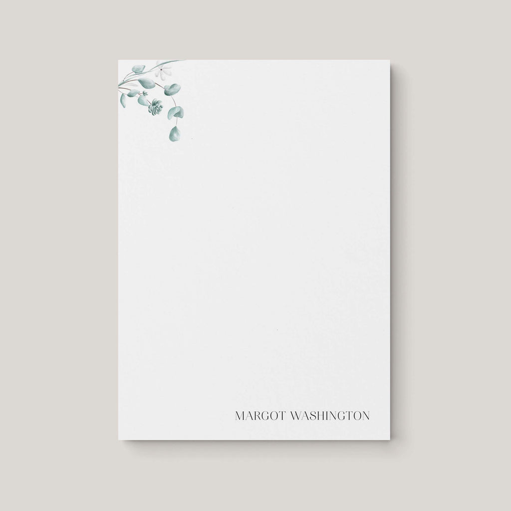 Simple Floral personalized notepad by Blú Rose, white notepad with delicate eucalyptus greenery and the name 'Margot Washington'