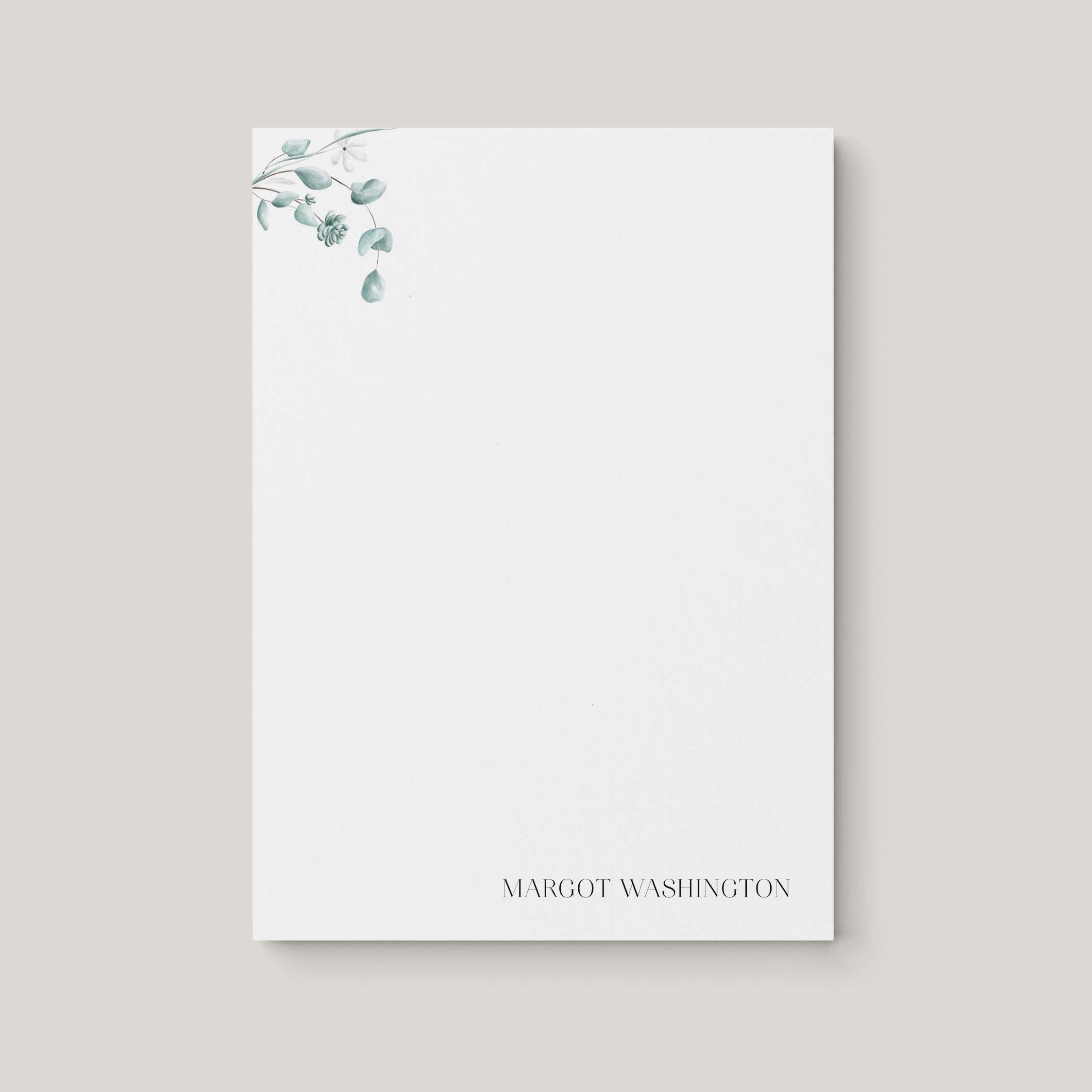Simple Floral personalized notepad by Blú Rose, white notepad with delicate eucalyptus greenery and the name 'Margot Washington'