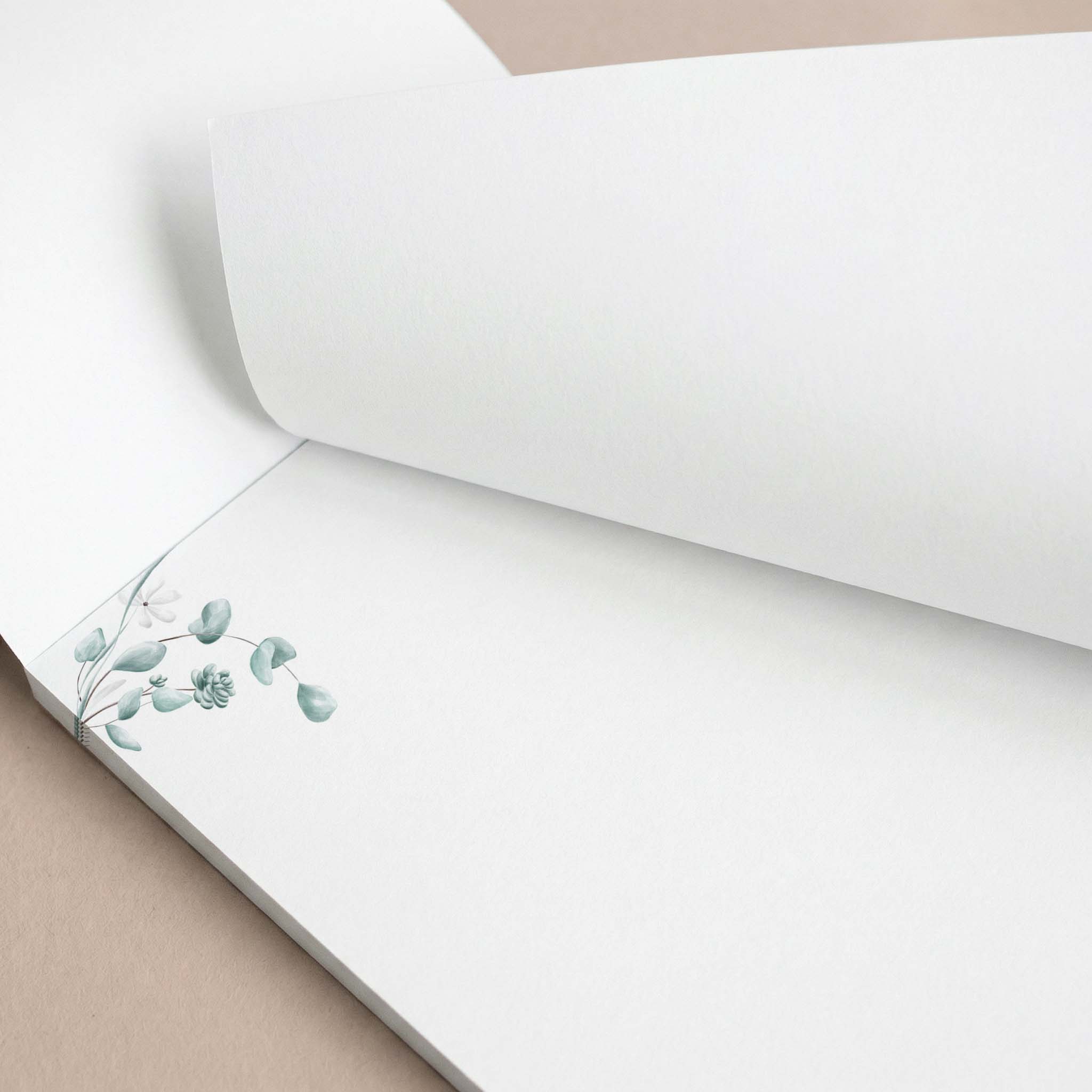 Simple Floral personalized notepad by Blú Rose, close-up of the eucalyptus greenery with the top sheet lifted