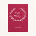 Personalized red holiday card with white botanical wreath and Happy Holidays text.