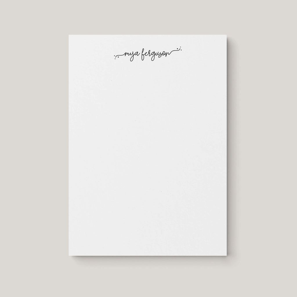 Acheila personalized notepad by Blú Rose, white notepad with the name 'Mya Ferguson' in delicate black script
