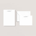 Acheila stationery set by Blú Rose, white script-name notepad with matching flat notecard and envelope, personalized 'Mya Ferguson'