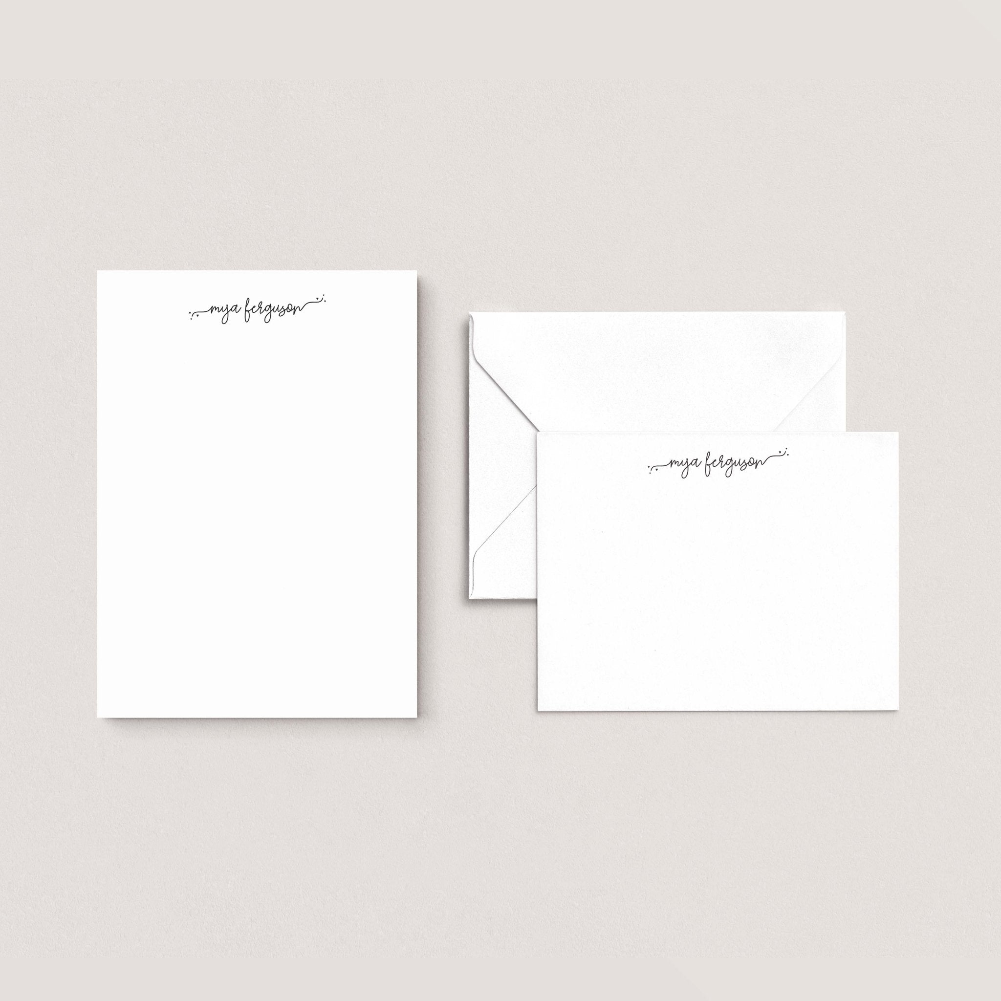 Acheila stationery set by Blú Rose, white script-name notepad with matching flat notecard and envelope, personalized 'Mya Ferguson'