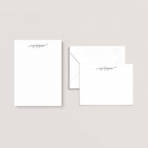 Acheila stationery set by Blú Rose, white script-name notepad with matching flat notecard and envelope, personalized 'Mya Ferguson'