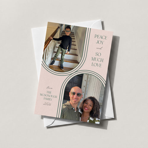 Arc & Aura photo card in blush with green arch photo cutouts reading Peace, Joy and So Much Love