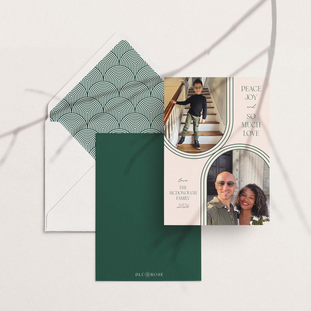 Arc & Aura card with its green arch-print envelope liner and matching backer card