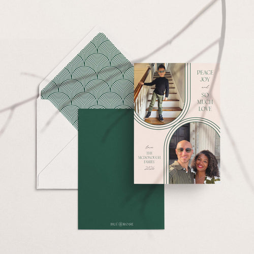 Arc & Aura card with its green arch-print envelope liner and matching backer card
