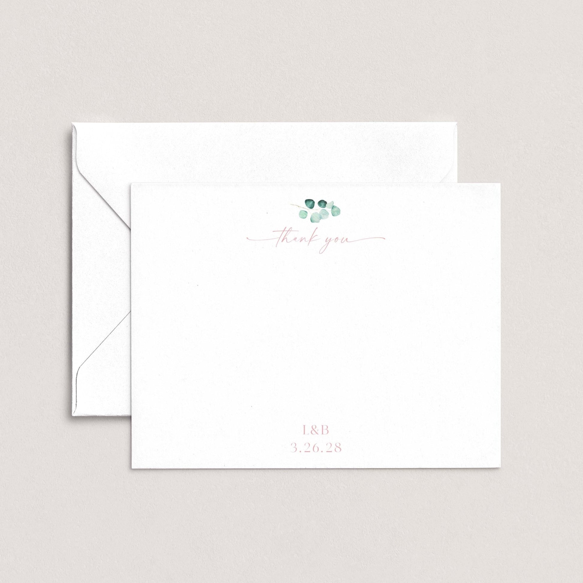 A white envelope with a cursive "Thank you" message and a date printed on it.