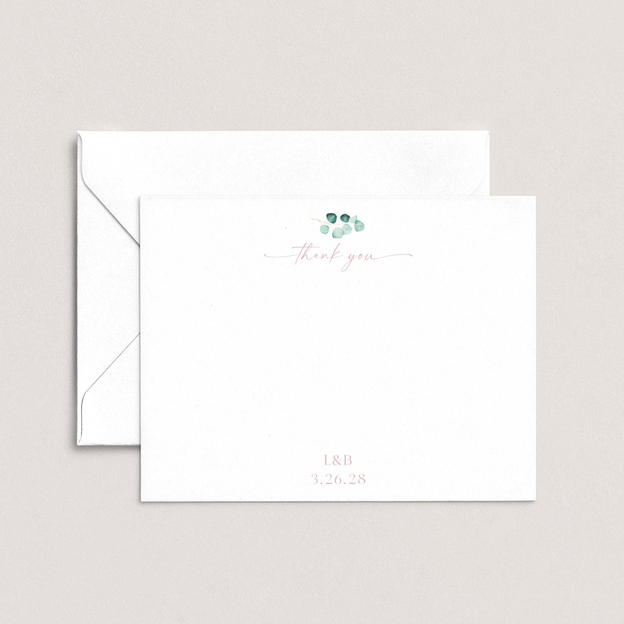 A white envelope with a cursive "Thank you" message and a date printed on it.