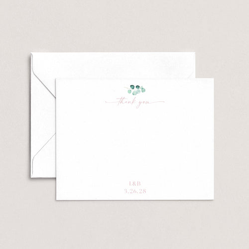 Blush Floral thank-you notecards by Blú Rose, white flat notecard with eucalyptus greenery, a pink 'thank you' script and personalized initials and date, shown with a coordinating white envelope