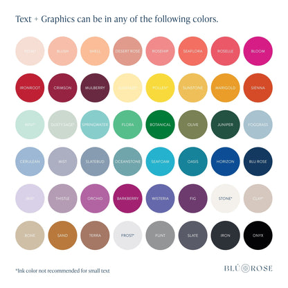 Blú Rose color chart showing customization options for text and graphics.