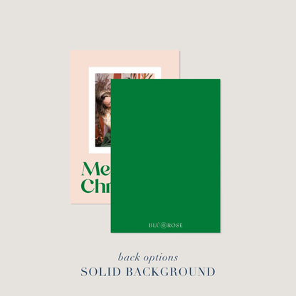 Blush Frame Holiday photo card shown with optional solid green back design.
