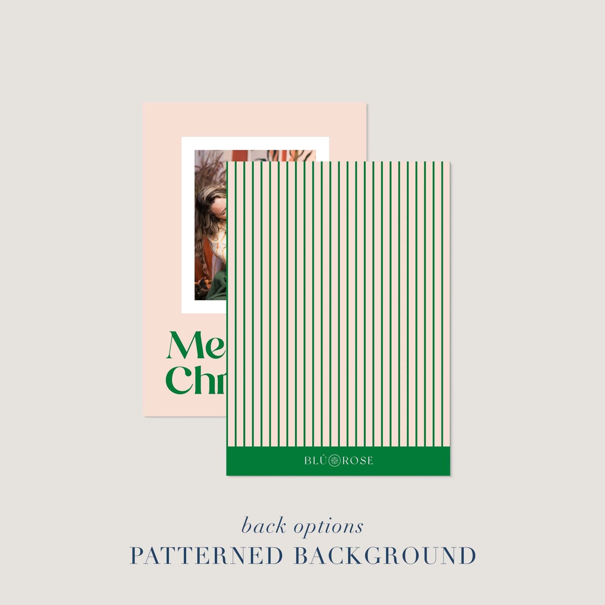 Blush Frame Holiday photo card shown with optional green stripe patterned back design.