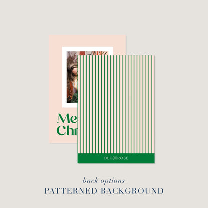 Blush Frame Holiday photo card shown with optional green stripe patterned back design.