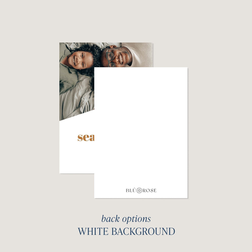 Bold Letters card back option: plain white with a small Blú Rose mark