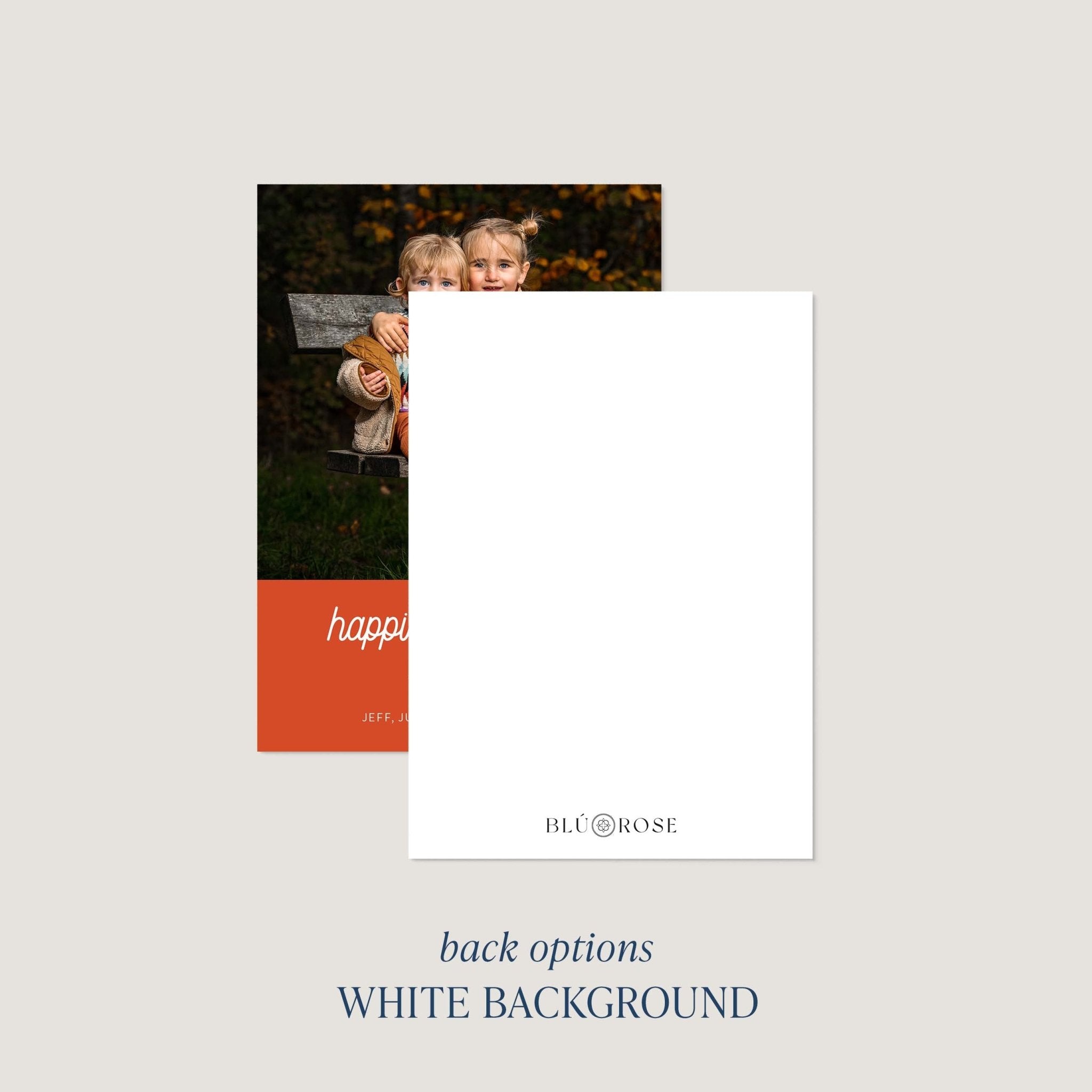 Bottom Color Block card back option: plain white with a small Blú Rose mark