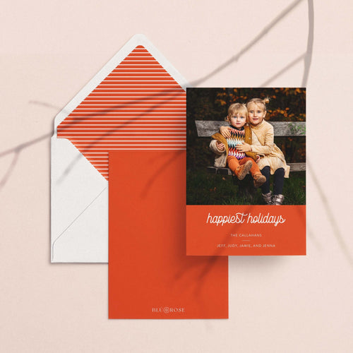 Bottom Color Block card with its burnt orange striped envelope liner on a blush backdrop