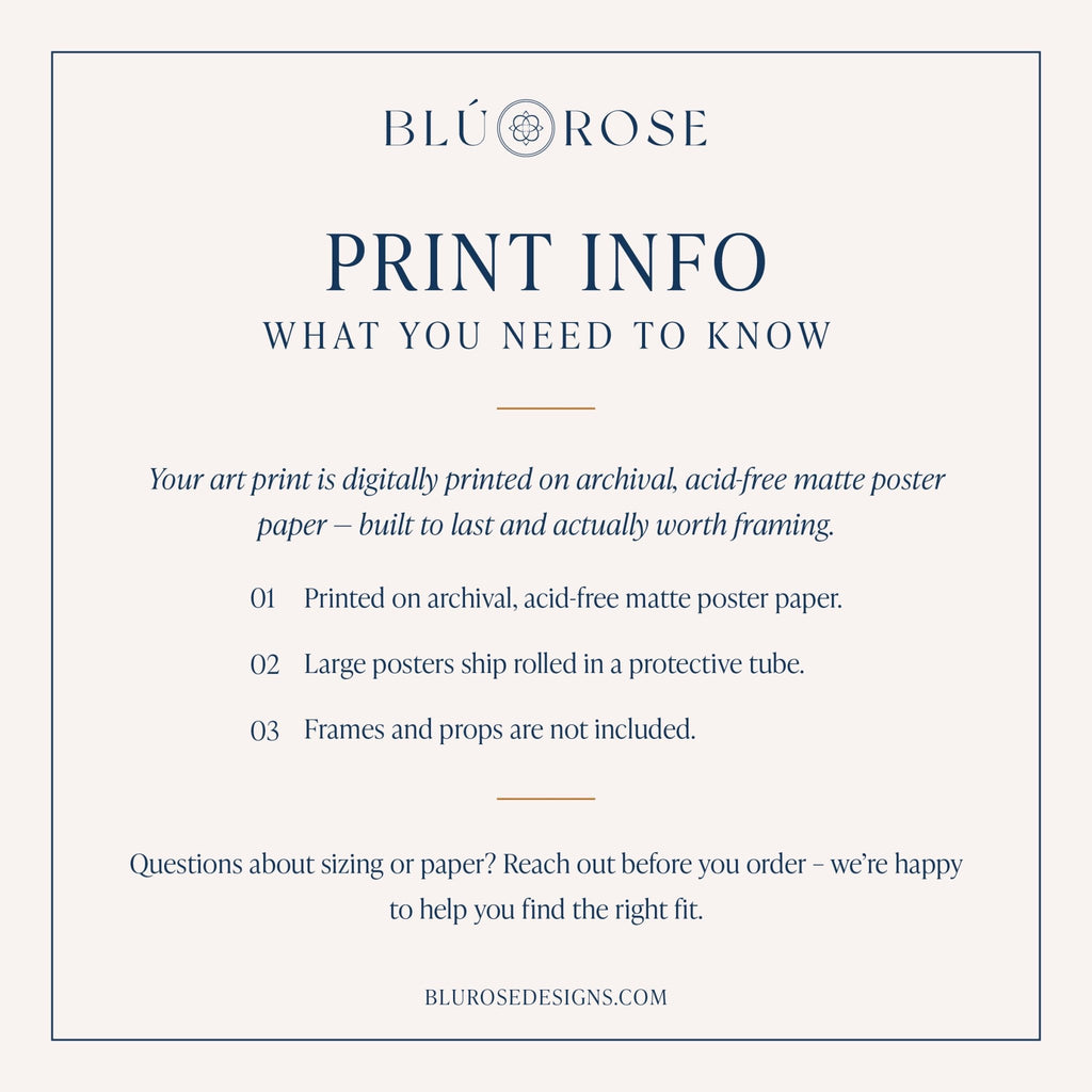 Informational graphic showing matte paper printing details and shipping notes for art print