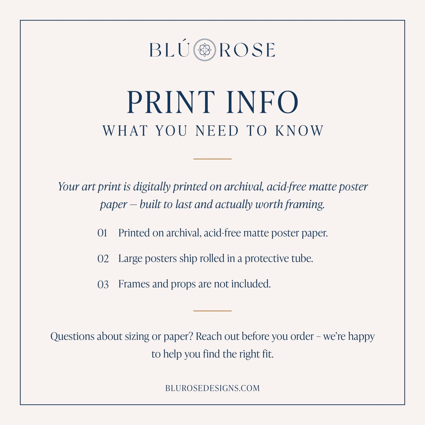 Informational graphic showing matte paper printing details and shipping notes for art print