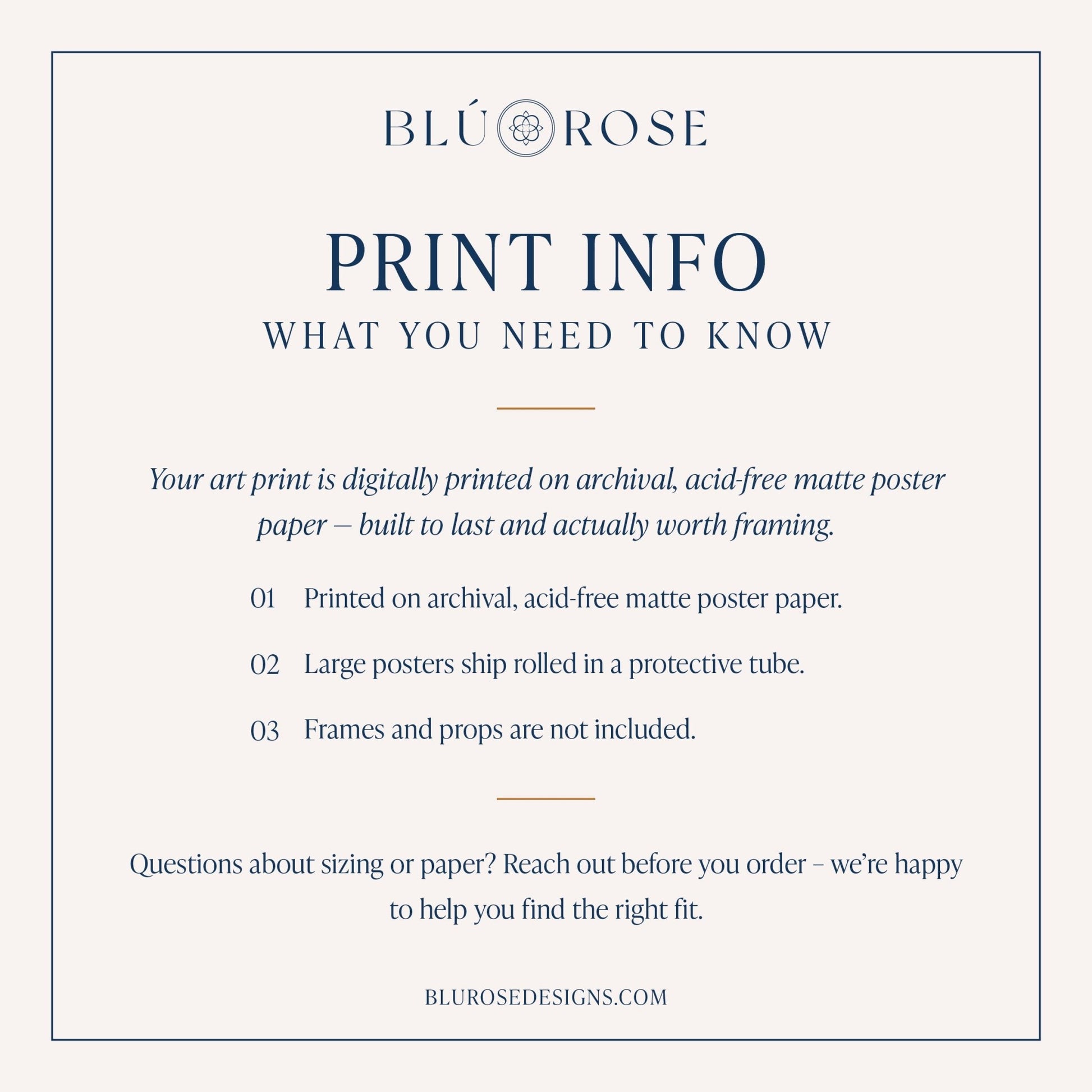 Informational graphic showing matte paper printing details and shipping notes for art print