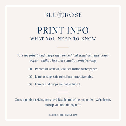 Informational graphic showing matte paper printing details and shipping notes for art print